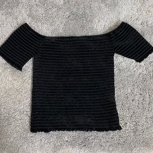 Black velvet smoked top with of the shoulder short sleeves